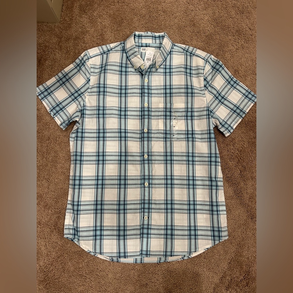 GAP Men's White and Blue Plaid Button Down Shirt